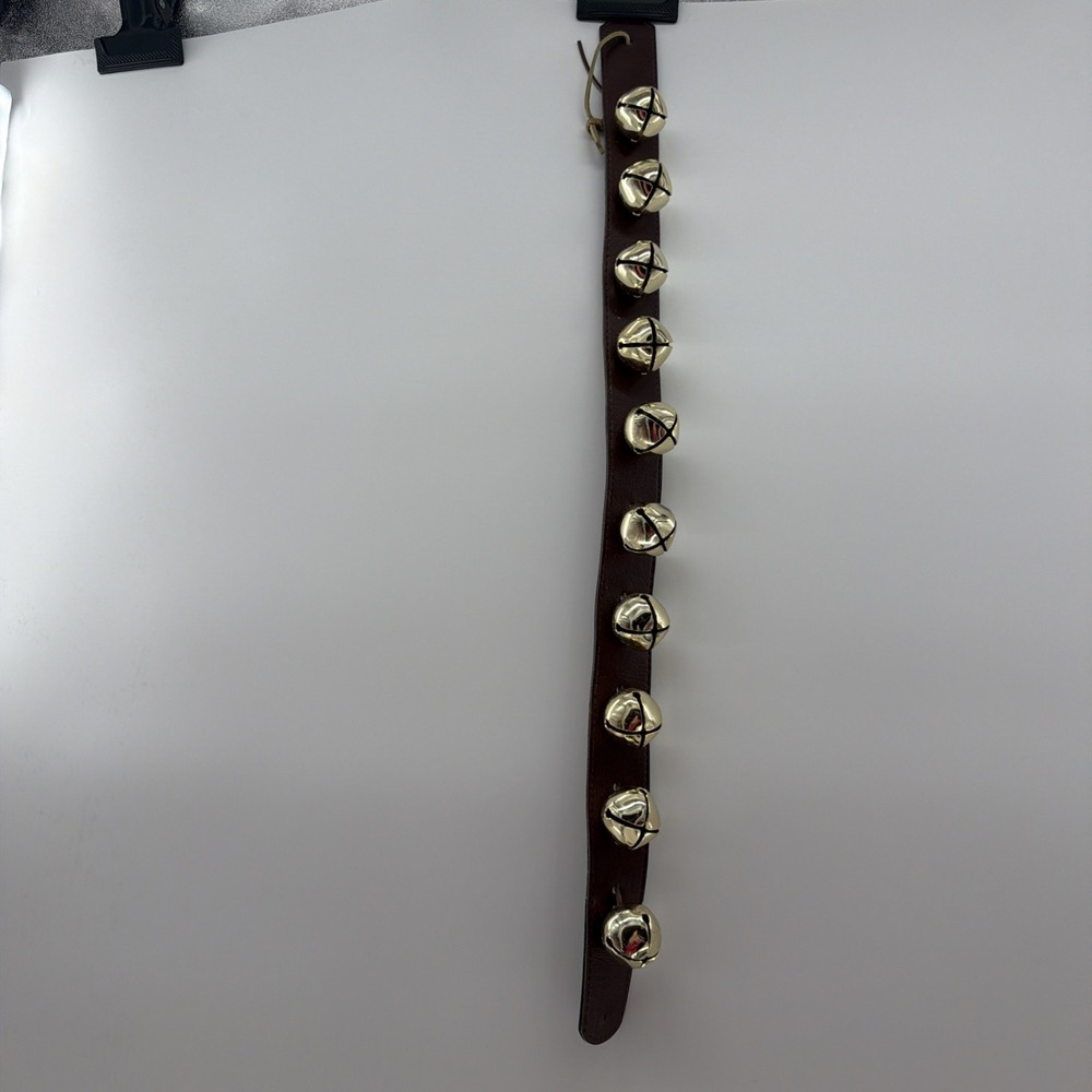 10 Vintage Christmas Sleigh Bells On Leather Strap Patina LOUD Gold Color Bells